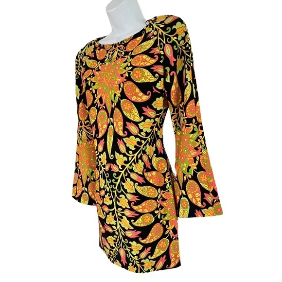 ZARA Mini Bodycon Floral Paisley Dress Bell Sleeve Cutout Multicolor - Picture 5 of 9